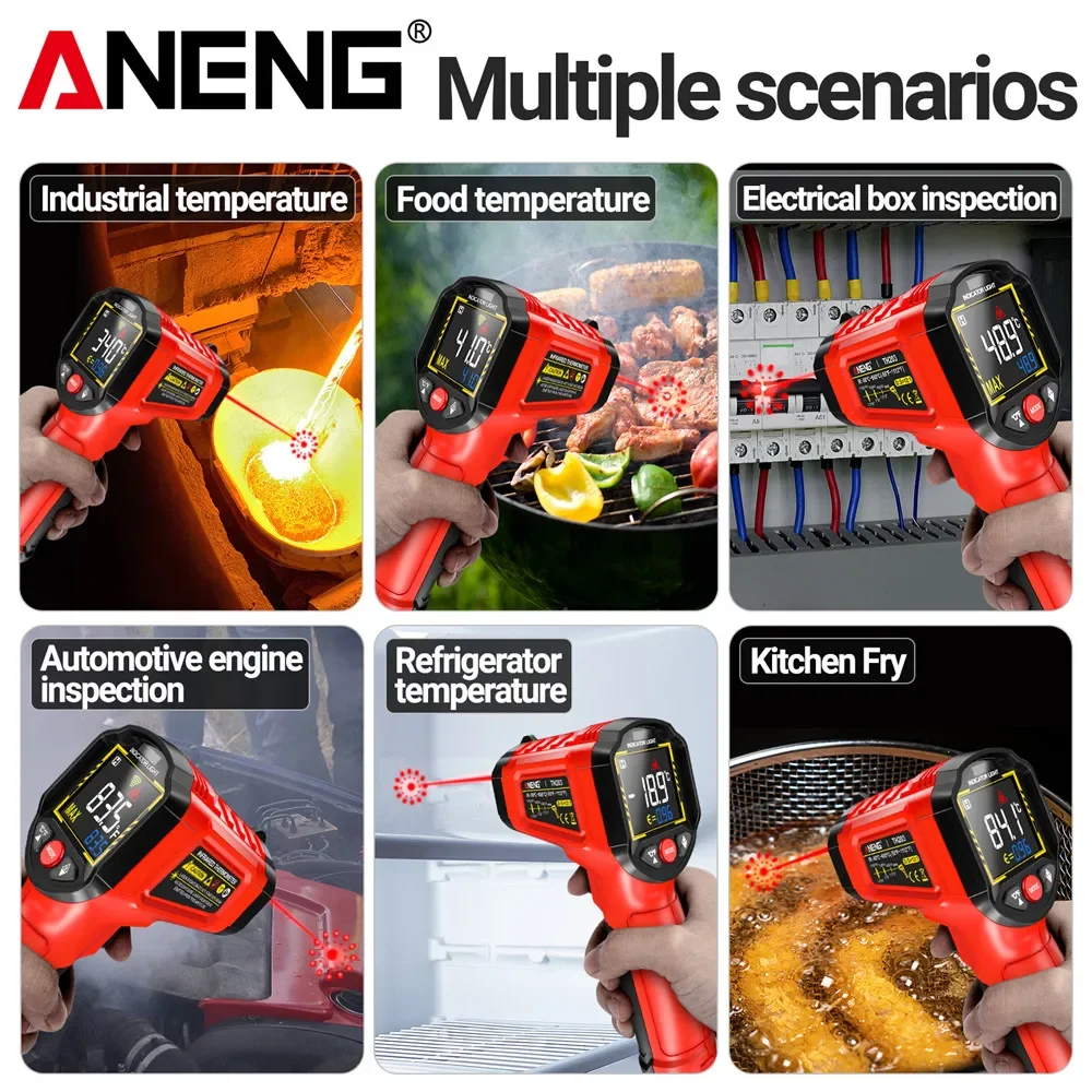 ANENG TH203 ميزان الحرارة الصناعي الذكي بالأشعة تحت الحمراء -50 ~ 600 ℃   مسدس درجة الحرارة VA عكس شاشة ملونة تستر متر البيرومتر تستر
