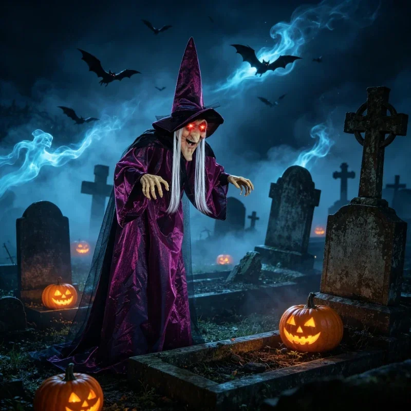 Halloween Life Size Talking Witch Purple Outdoor Spooky Scary Witch Animatronic Voice Controlled Glowing Screaming Decoration