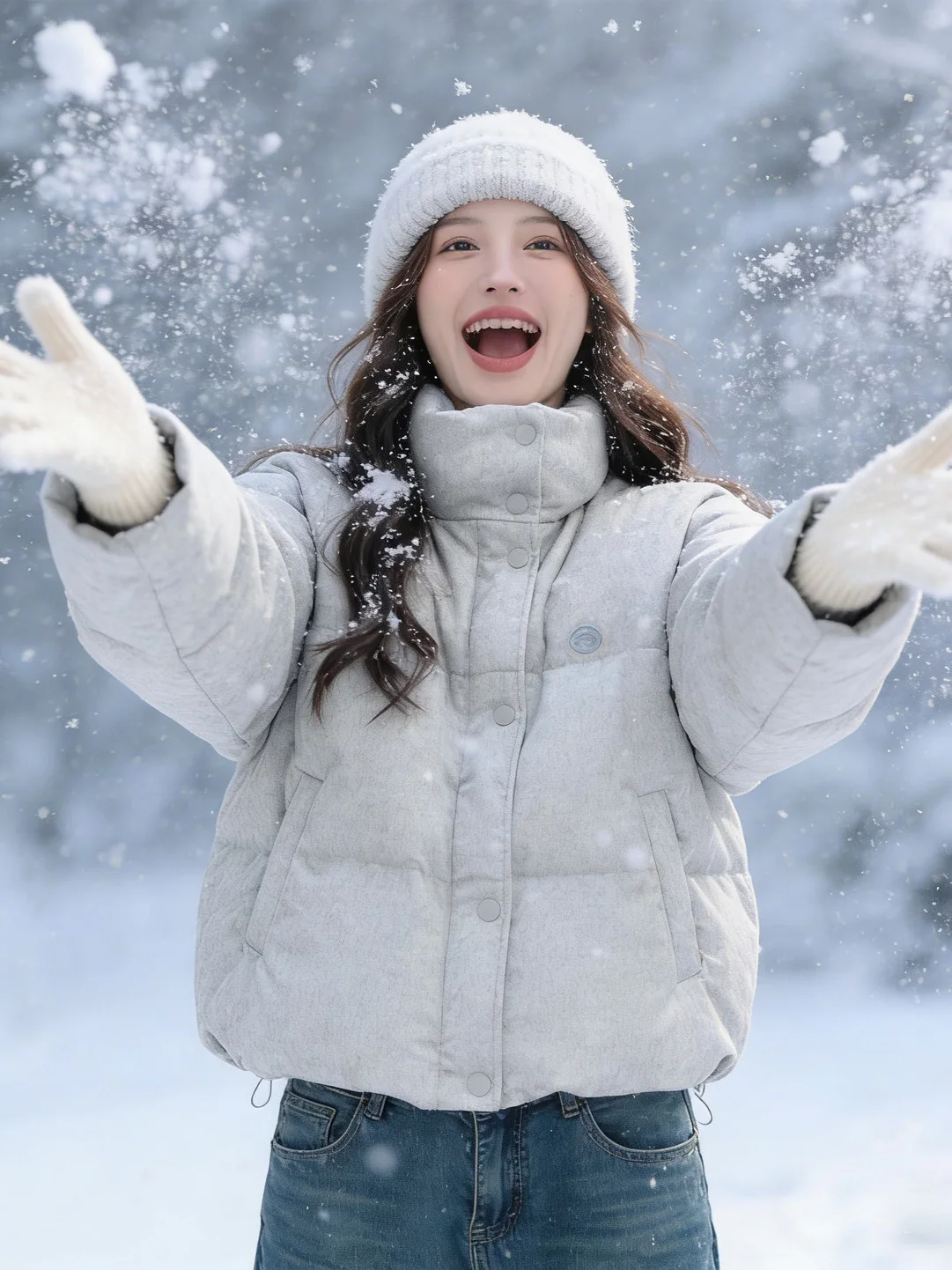 

Winter Atmosphere Grey Stand Collar Thickened Cotton Jacket Women's Fashion Loose All-Match Outerwear Long Sleeve Dark Color