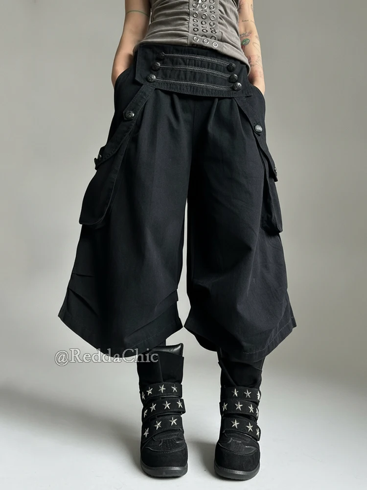 REDDACHiC Goth Royal Women Capri Cargo Pants Vintage Button Low Waist Pleated Baggy Bermuda Shorts Alternative Summer Clothes
