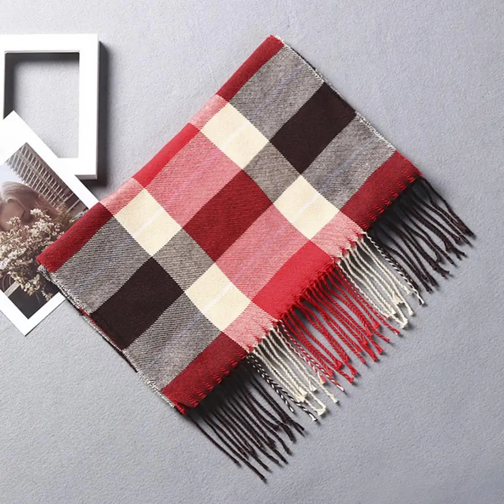 Long Style Scarf Stylish Plaid Pattern Men's Scarf with Tassel Trim Long Wrap Design in Imitation Cashmere for Thermal