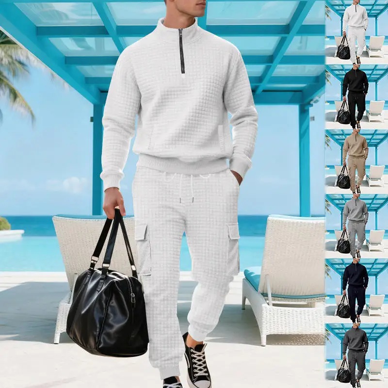 

New Men's Autumn Winter Long Sleeve Long Pants Set Sweatshirt Floral Embroidery Stand Collar Small Square Grids Youth Fashion