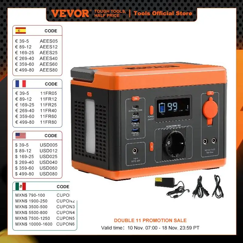 VEVOR Portable Power Station Solar Generator 296Wh 300W Pure Sine Wave Lithium Battery for Outdoors Camping Emergency Charging