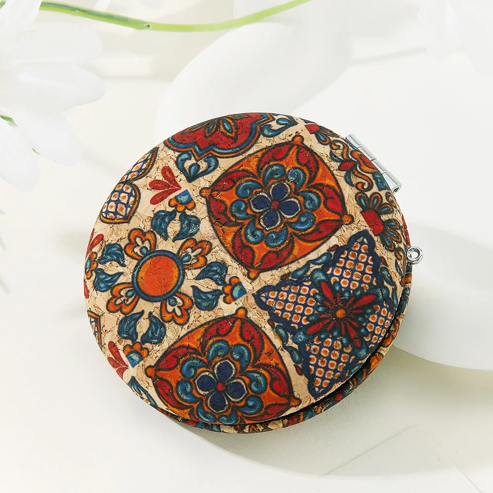 Okrągłe lusterko do makijażu z korku w stylu vintage, przenośne lusterko kieszonkowe podróżne dla kobiet i dziewcząt, składane dwustronne lusterka kosmetyczne.