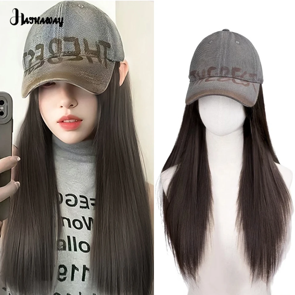 Topi Wig rambut lurus panjang 18 inci topi sintetik wanita Wig satu rambut panjang mode bisbol Retro baru topi wig rambut lurus panjang