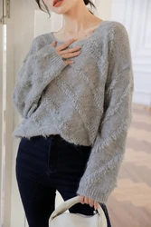Hollow Out One Line Collar Off Shoulder Mohair Sweater Female Design Sense Of Minority Spring and Autumn Soft Waxy Loose 2022