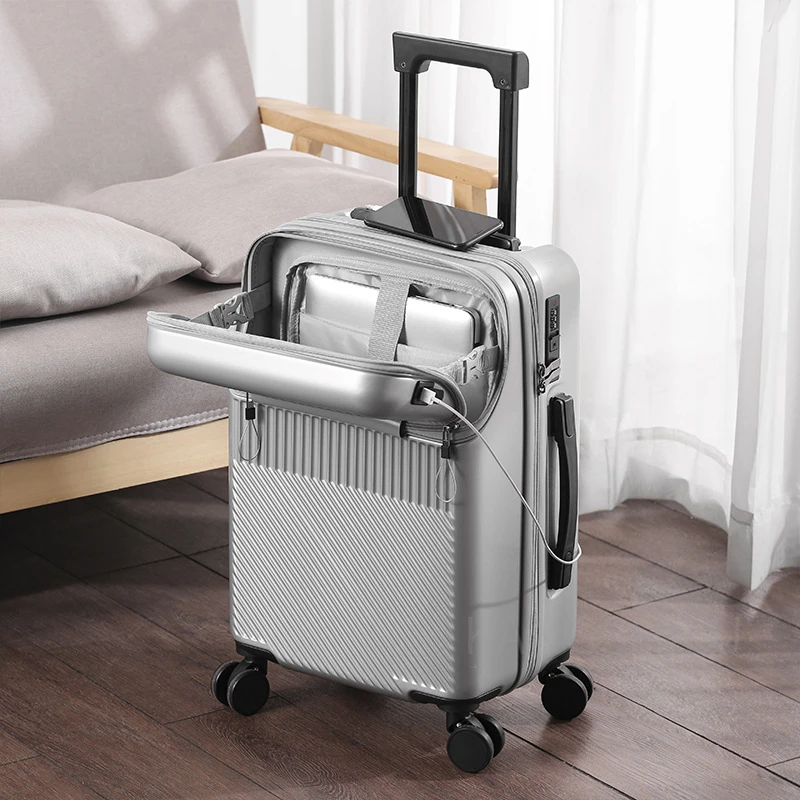 Travel Front Open Suitcase For Women And Man 20''22''24''26''-Inch Boarding Portable Trolley Case Cup Holder Smooth Mute Wheel