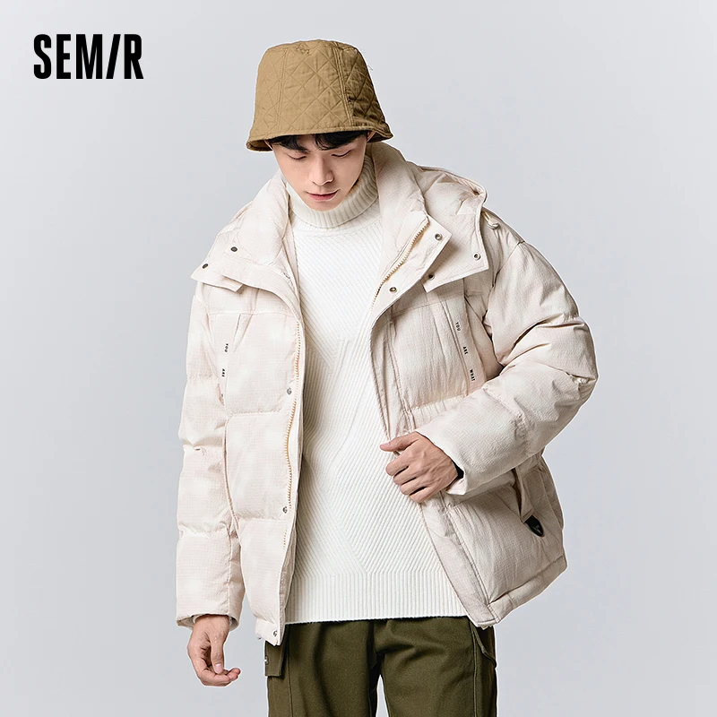 Semir Down Jacket Men 2024 New Winter Simple Fashion Letter Printing White Warm Casual Hooded Coat