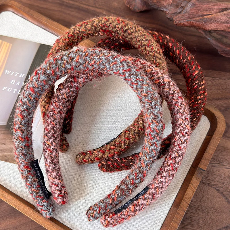 Winter Retro Red Mixed Color Woven Knitting Sponge Headbands for Women Fashion Temperament Hair Hoop Female New Year Hair Band