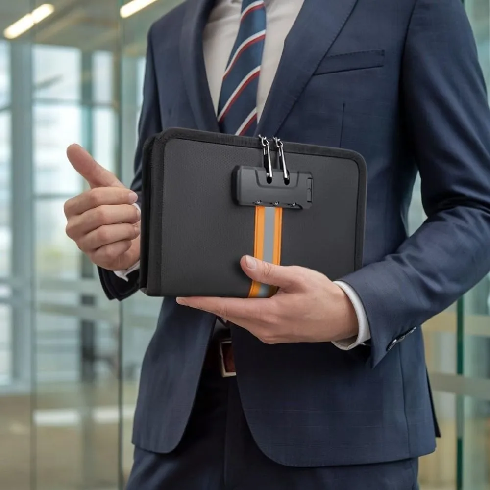 Borsa per soldi ignifuga con serratura a combinazione Borsa di sicurezza nera portatile per contanti impermeabile con borsa sicura per documenti con cerniera da viaggio
