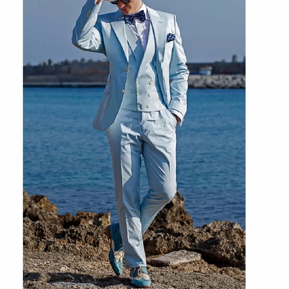 

3-piece 2024 New Arrival Groomsmen Notch Lapel Groom Tuxedos Baby Blue Men Suits Wedding Best Male Blazer ( Jacket+Pants+Vest )