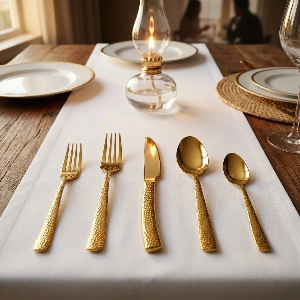 5Pcs Gold Plated Stainless Steel Cutlery Set Hammered Textured Handle Table Utensils For Home Kitchen Dinner Party Banquet Table