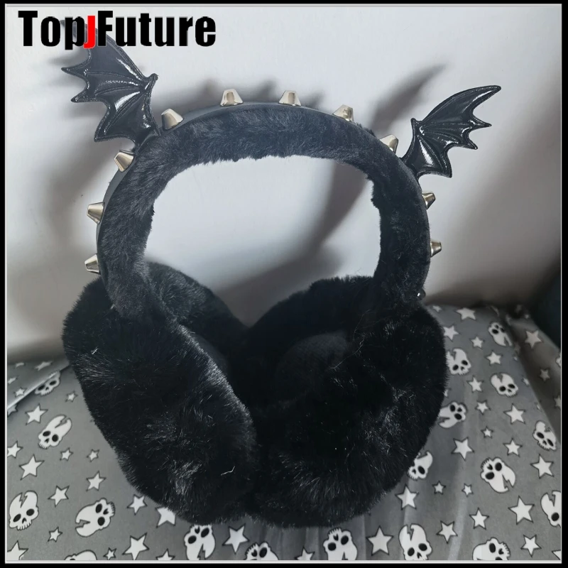 Harajuku Punk Girl Women Plush Bat Wing Warm paraorecchie Gothic women's Lolita Warmer Muff Cover Halloween Cosplay Fold Headband