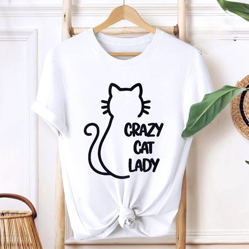 Crazy Cat Lady Print Women T Shirts Funny Cat Graphic Tee Anime Cartoon Shirt Casual Short Sleeve Tops for Cat Lovers Streetwear