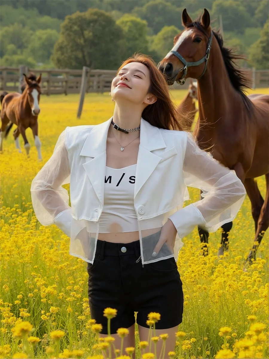 Sonnenschutz, verkürzte, durchsichtige Blazer mit Rückenschlitz für Damen mit Designs, Kleidung für Damen, hochwertige Wollmischung, gelbe Baumwolle, OL-Rosa