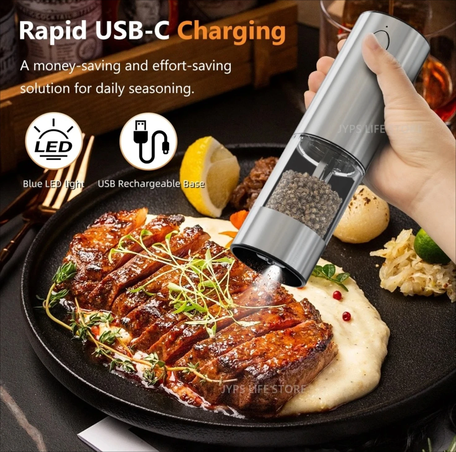 

Kitchen Tool Electric Pepper Grinder Stainless Steel Salt And Pepper Grinder USB Rechargeable Adjustable Coarseness Spice Mill