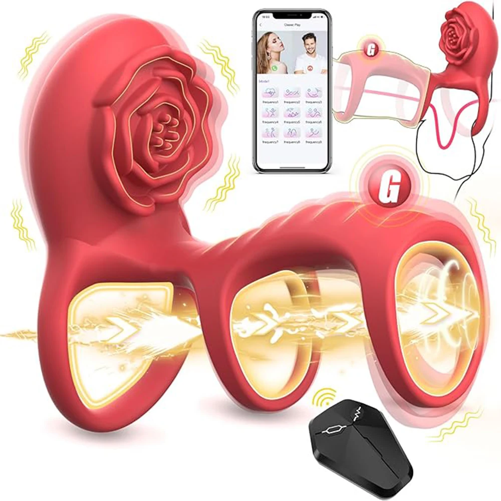 

Bluetooth APP Cock Ring Vibrator Delay Ejaculation Vibrating Penis Ring Rose Clitoral Stimulator 9 Vibrations Sex Toy for Couple