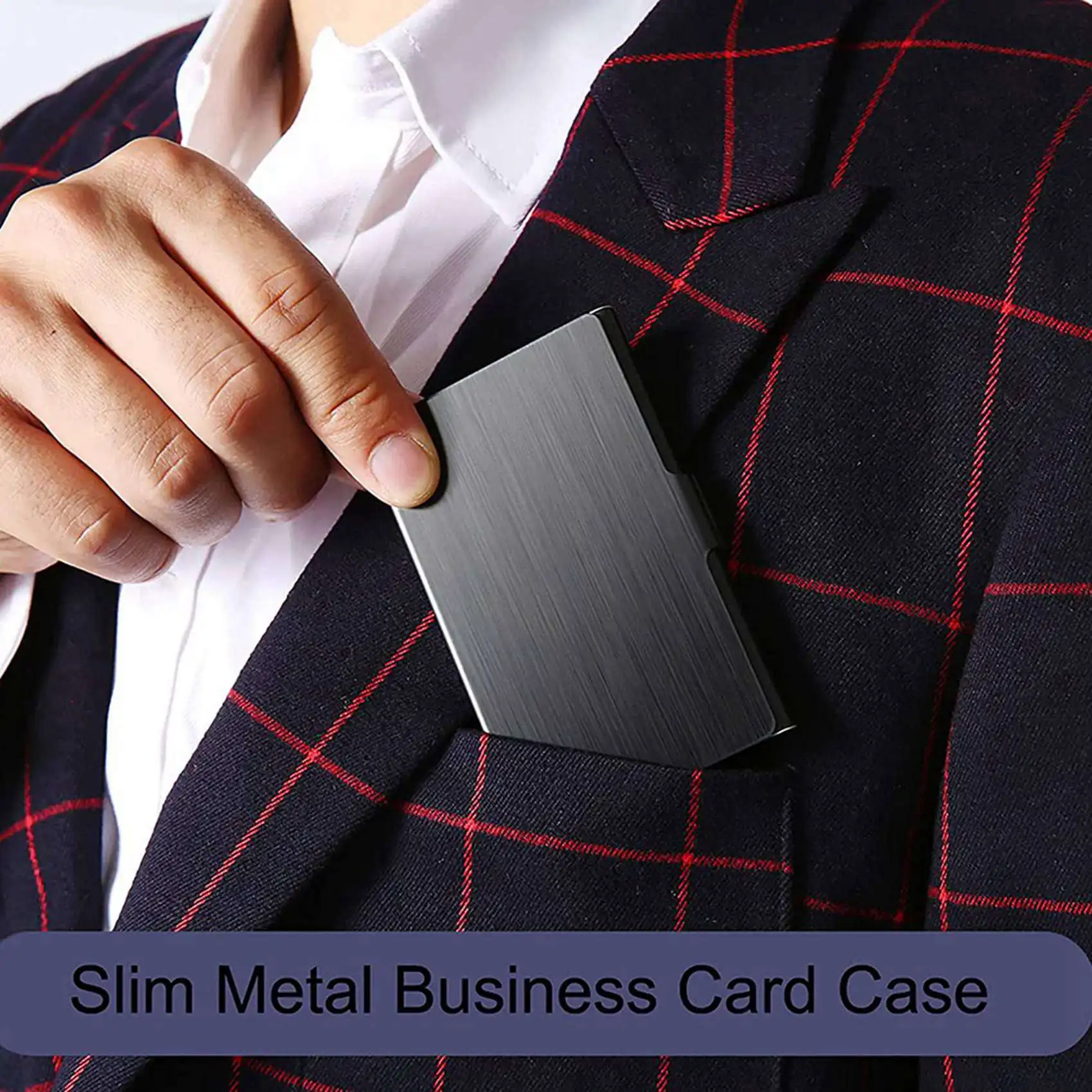 Solid 2X Business Card Holder, Slim Business Card Case, Pocket Metal Card Case,Purse Name Card Holder,Buckle Style Shut, Black