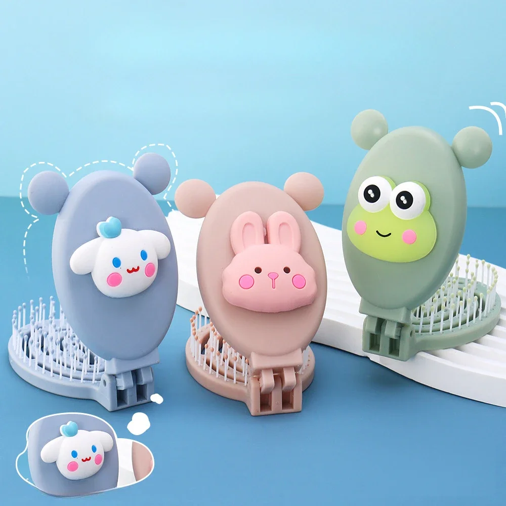 2 in 1 Cute Cartoon Portable Folding Comb with Mini Make Up Mirror Children Plastic Small Air Cushion Folding Comb with Mirror