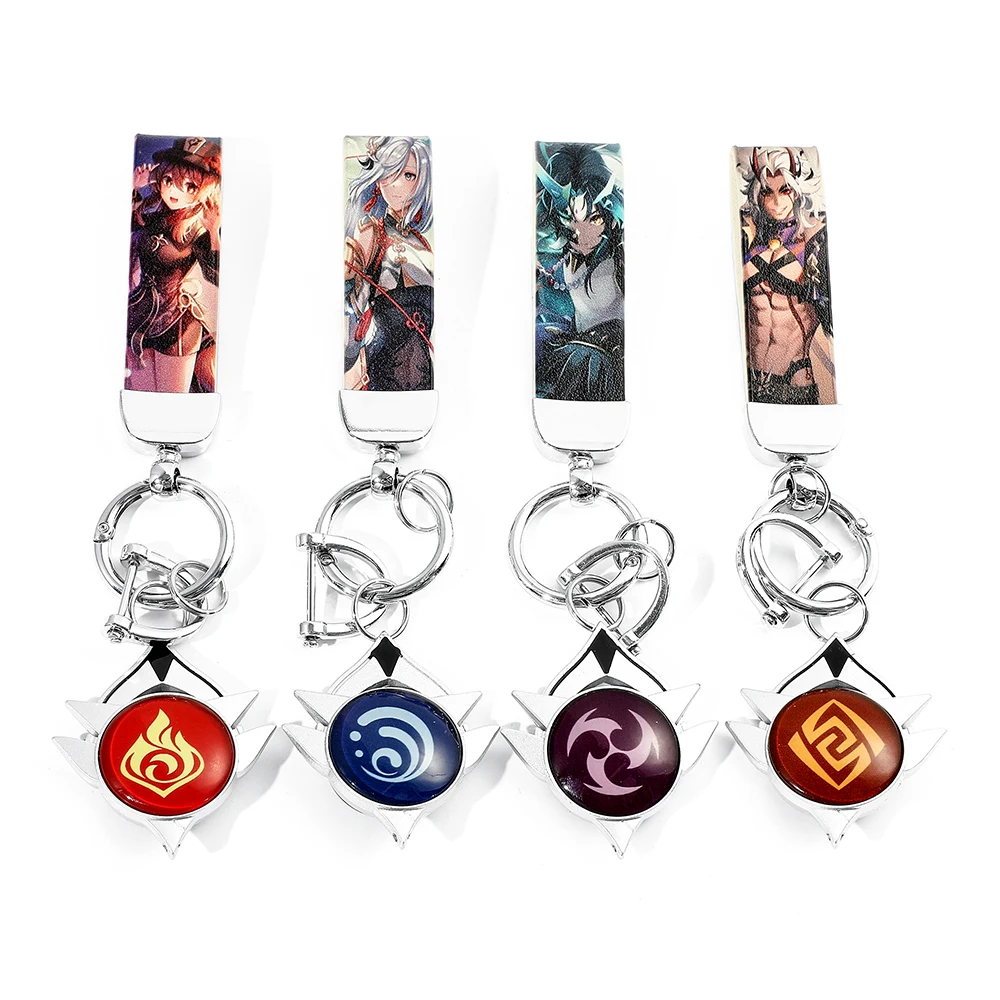 Genshin Impact Vision Keychains Luminous Leather Key Chain Arataki Itto Kamisato Ayaka Anime Keyholder Keyrings for Backpack