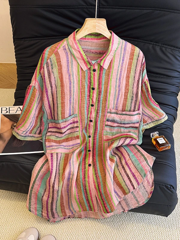 Top artístico de longitud media a rayas para mujer, talla grande, doble ket, un solo botón, cuello vuelto, adelgazante, versátil, para verano