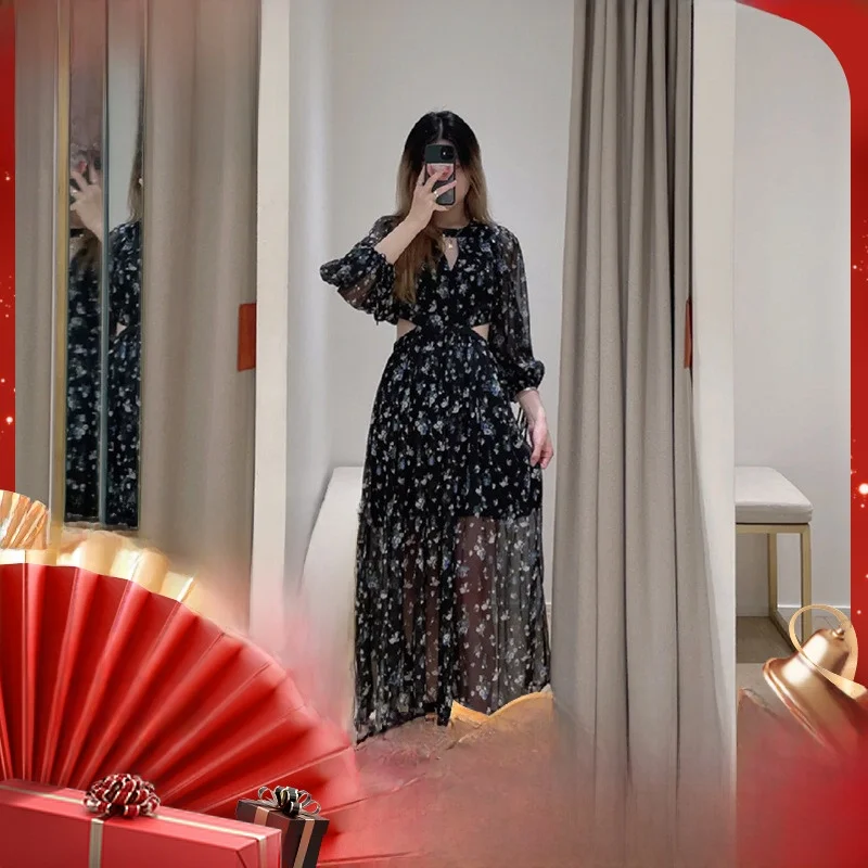 

MaSandeM Floral Print Slimming Skirt with Belt Lantern Sve Small V-Ne High Waist Long Dr Autumn New Sle 2023