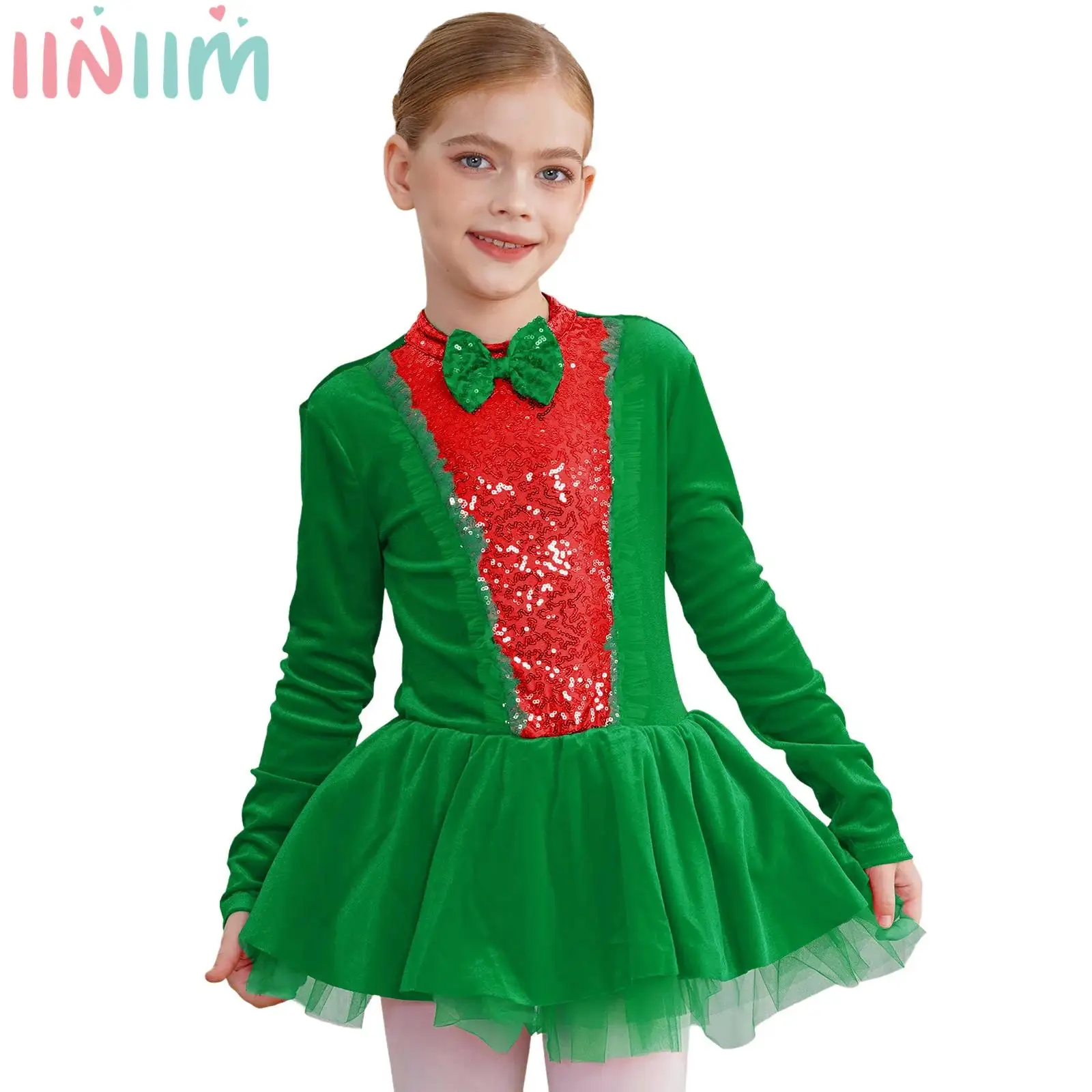 Kids Girls Christmas Dance Costume Long Sleeve Back Hollow Bow Tie Sequins Velvet And Mesh Patchwork Multi-Layer Puffy Skirt