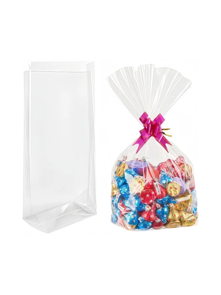 Sac cadeau Transparent avec panneau de gousset à fond plat, sac cadeau avec nœud/cravate à nœud papillon, anniversaire, fête, Halloween, noël, 10/30/50 pièces