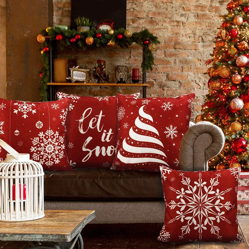 Christmas Cushion Pillow Cover Home Decoration Linen Plaid Printed Red 45*45cm Pillow Case Sofa Cushion Car Cushion Case