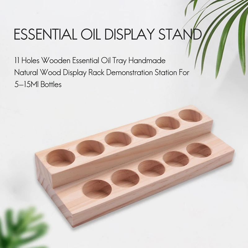 6X 11 Holes Wooden Essential Oil Tray Handmade Natural Wood Display Rack Demonstration Station For 5-15Ml Bottles