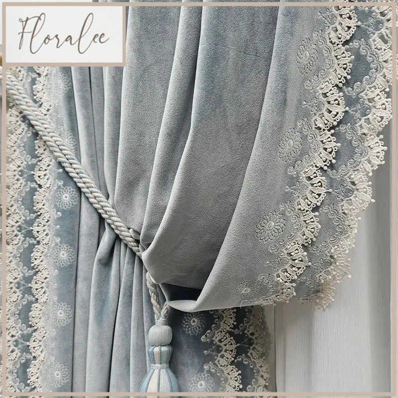 Lace Blue Grey Embroidery Velvet Thickened Blackout Curtains For Living Room Bedroom French Window Balcony Villa Customized