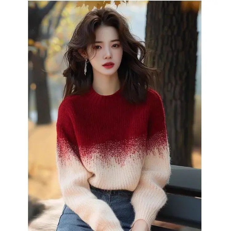 Ankela Red Apricot Gradient Round Neck Sweater Women's 2024 New Winter Knitted Sweater Unique and Super Beautiful Top