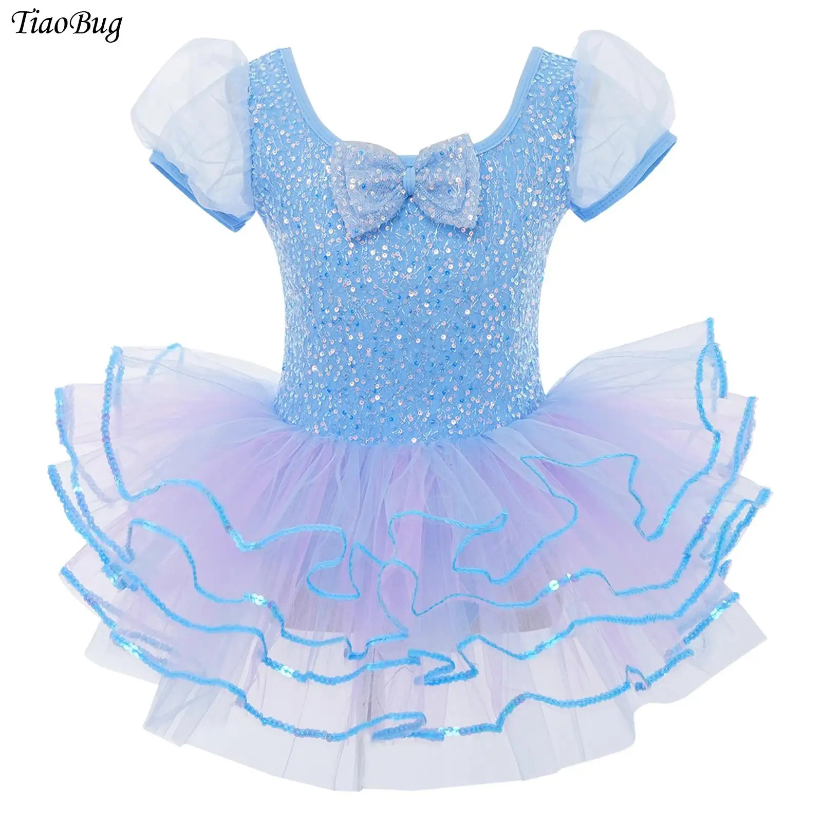 

Girls Shiny Sequins Ballet Dance Tutu Dress Short Puff Sleeves Bowknot Layered Tulle Dress Carnivals Party Performance Costume