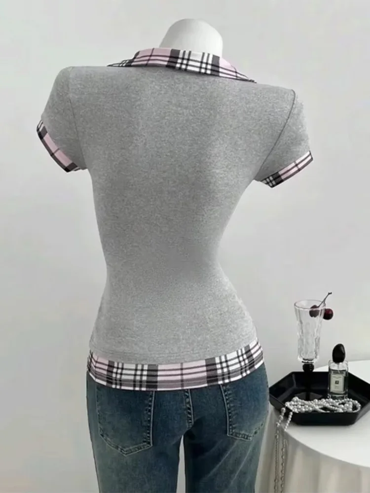 Summer Women Y2K Preppy Streetwear Fake Two Piece Plaid Patchwork Collar Scoop Neck Button Ruched Slim Fit T-shirt 2026 new