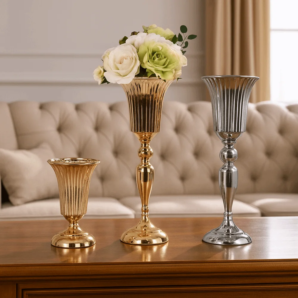 

Romantic European Style Metal Trumpet Vases Golden Decorative Wedding Flower Vase Anti-fall Dried Flower Pot Ceremony