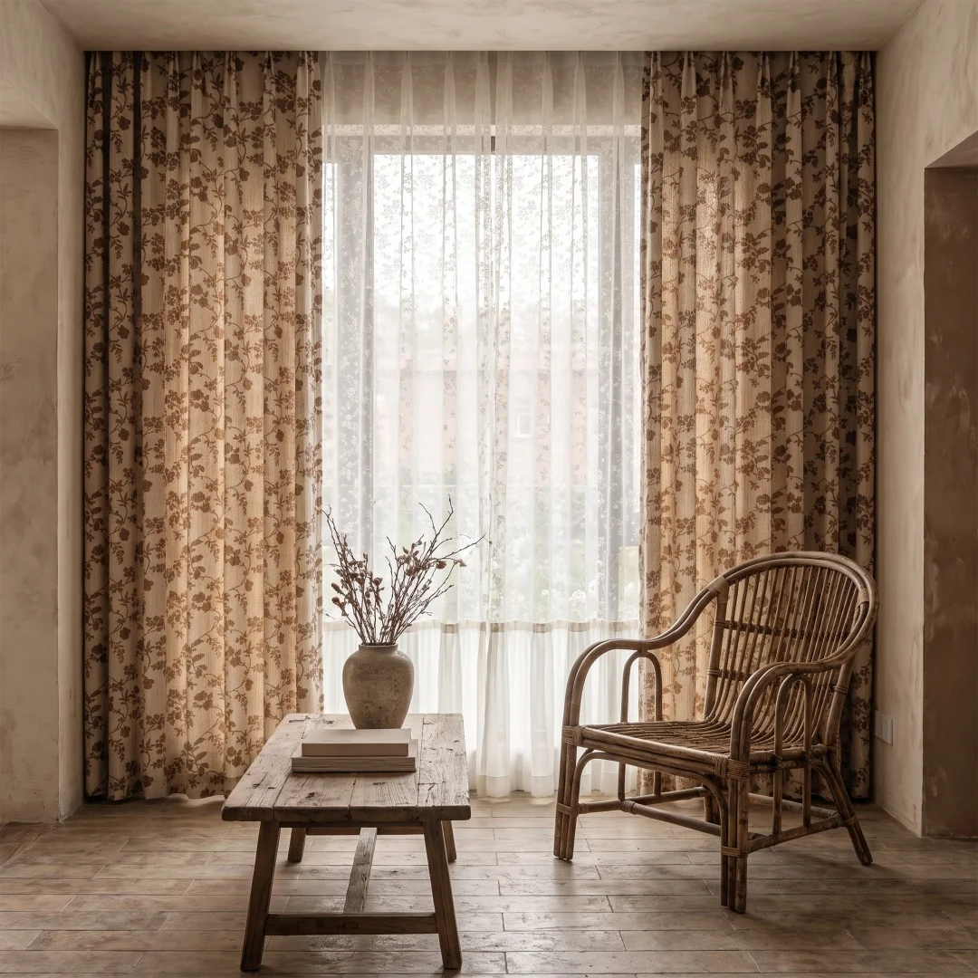 Retro Brown Floral Pattern Curtain, Linen Texture Printed Window Curtains for Farmhouse Living Room Decor