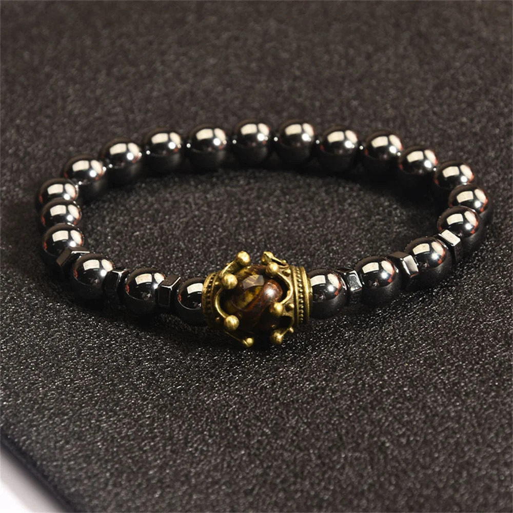 Trendy Personality Nature Stone Bracelets For Men Vintage Crown Symbolic Power Hematite Ore Beaded Bracelets Gifts For Friend
