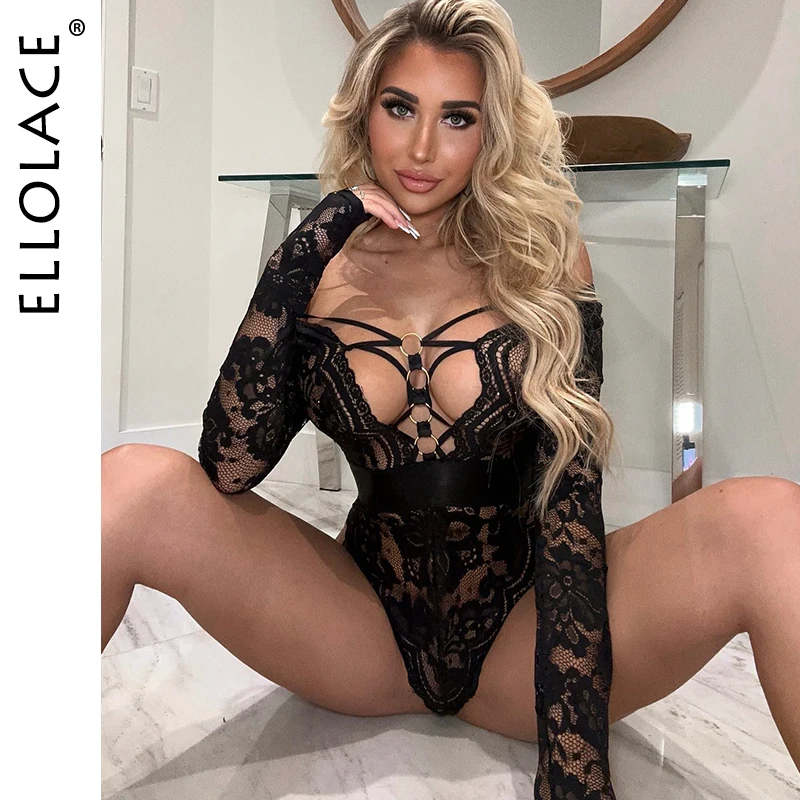 

Ellolace Fantasy Bodysuit Deep-V Halter Lace Up Peekaboo Bra Body Long Sleeve Backless Open Crotch Adult Tops Fancy Bodysuits