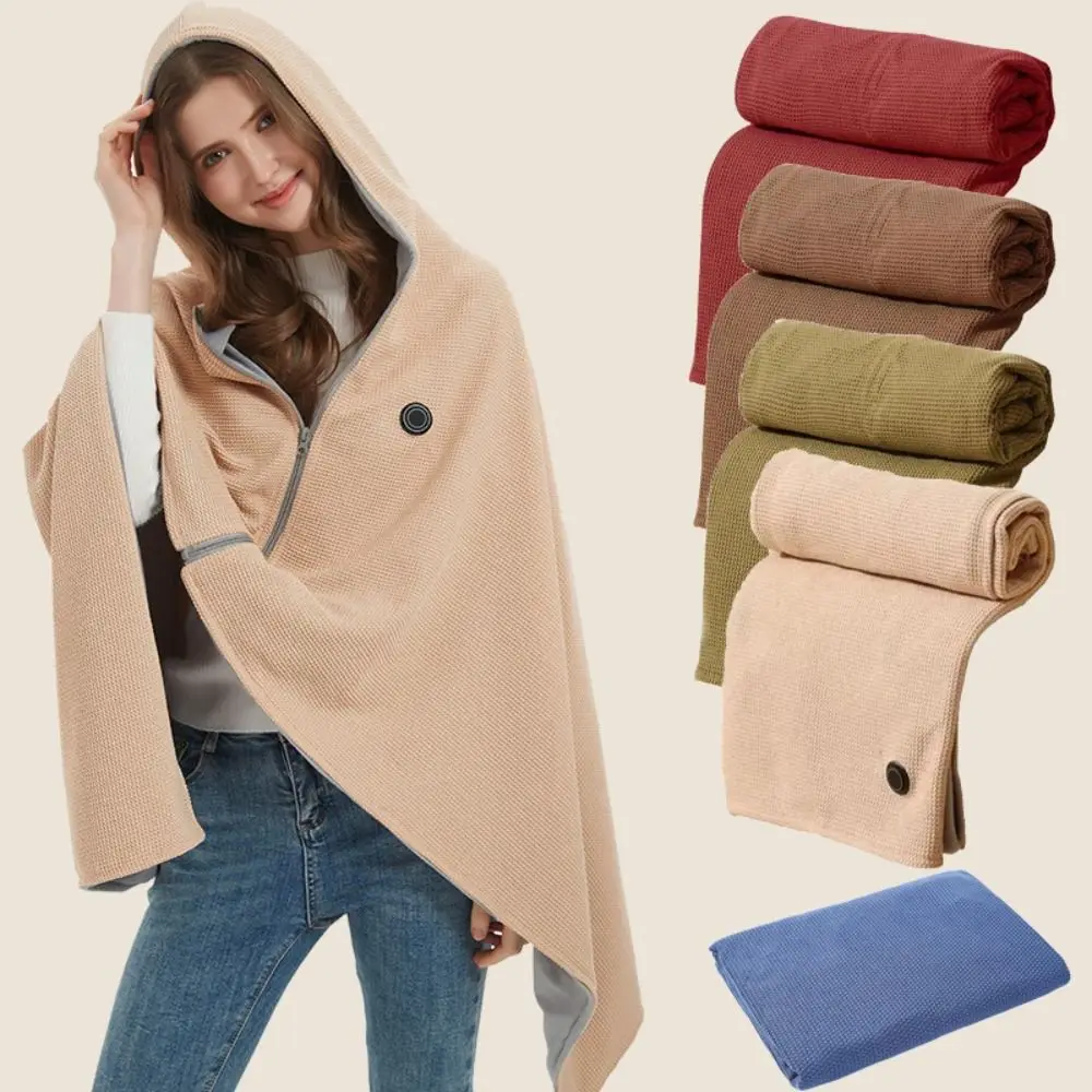 

Soft Zippered Electric Blanket with Hat Adjustable Washable Warm Heating Scarf Foldable 3 Heat Levels Body Warmer Wrap