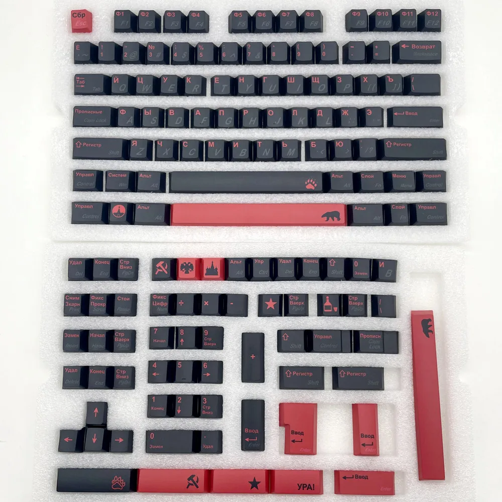 Red Black Russian Keycap Cherry Profile 142 Keys PBT DYE Sublimation Custom Keycaps For Mx Switches Mechanical Keyboard