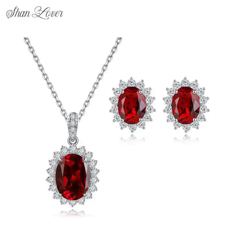 

ShanLover Brand Classic Diana Luxury Women S925 Jewelry Set with Lab Grown Ruby Necklace Colored Gemstone Accessories