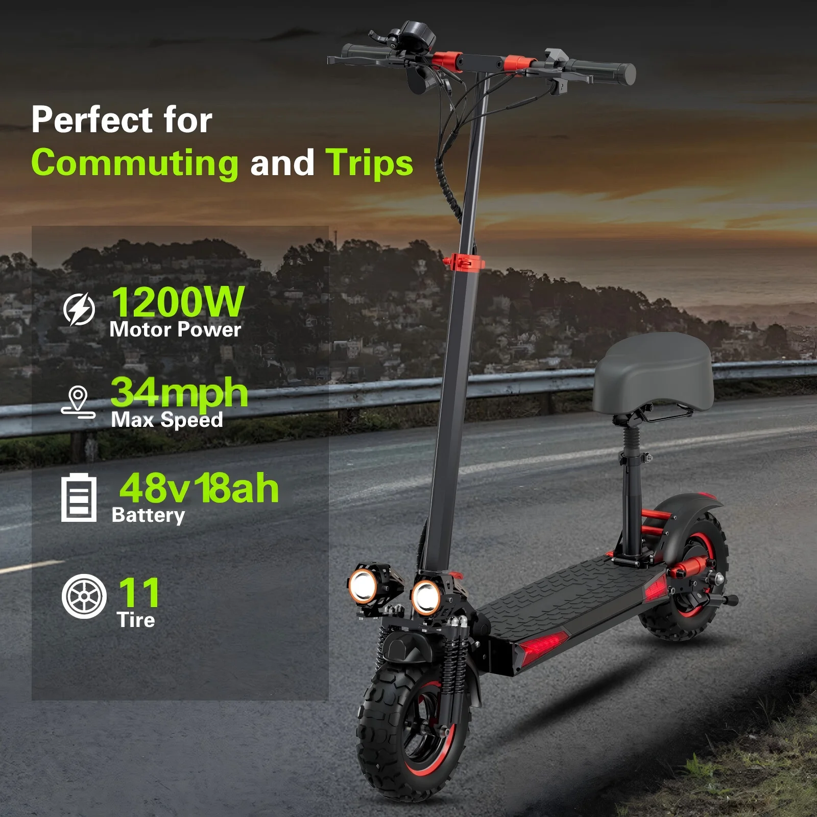 

11 inch tires foiding electric scooter 1200w strong power 31 mph fast speed long range removable seat all terrain scooter