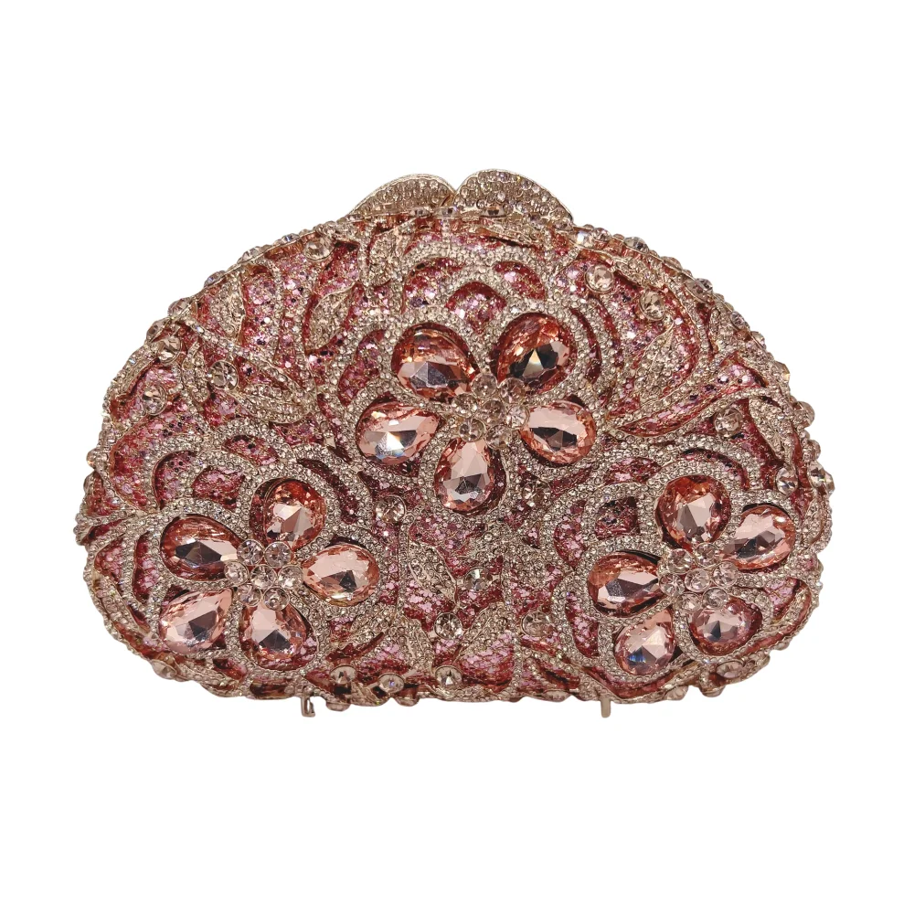 Women's Luxury Oval Floral Rhinestone Clutch Bag Pink Crystal Hollow out Hardcase Diamond Wedding Party Crossbody Handbag - view 2