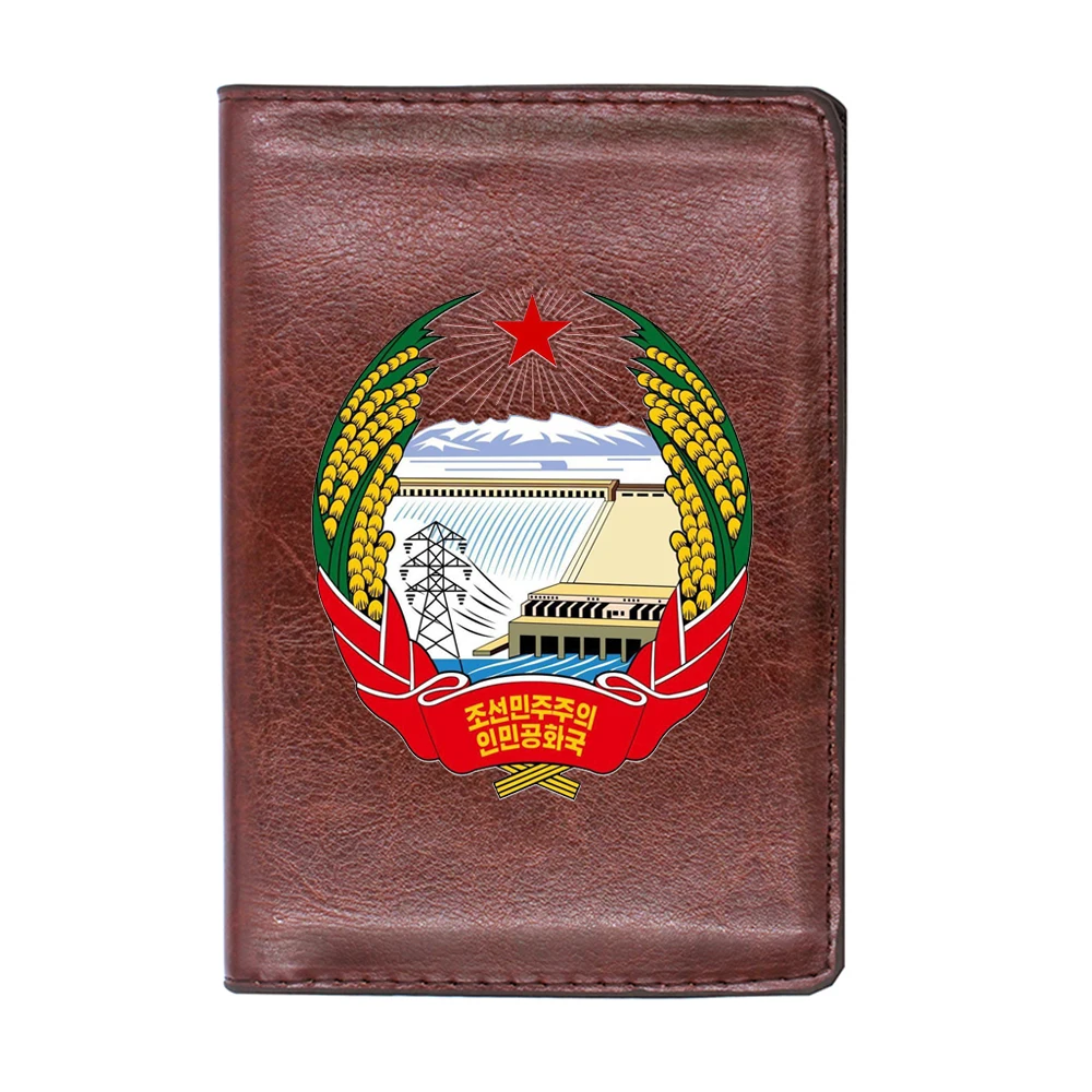 Funda de cuero con emblema del ejército de Corea del Norte para hombre y mujer, tarjetero de identificación Delgado, tarjetero de viaje, billetera de bolsillo, monedero, nueva llegada