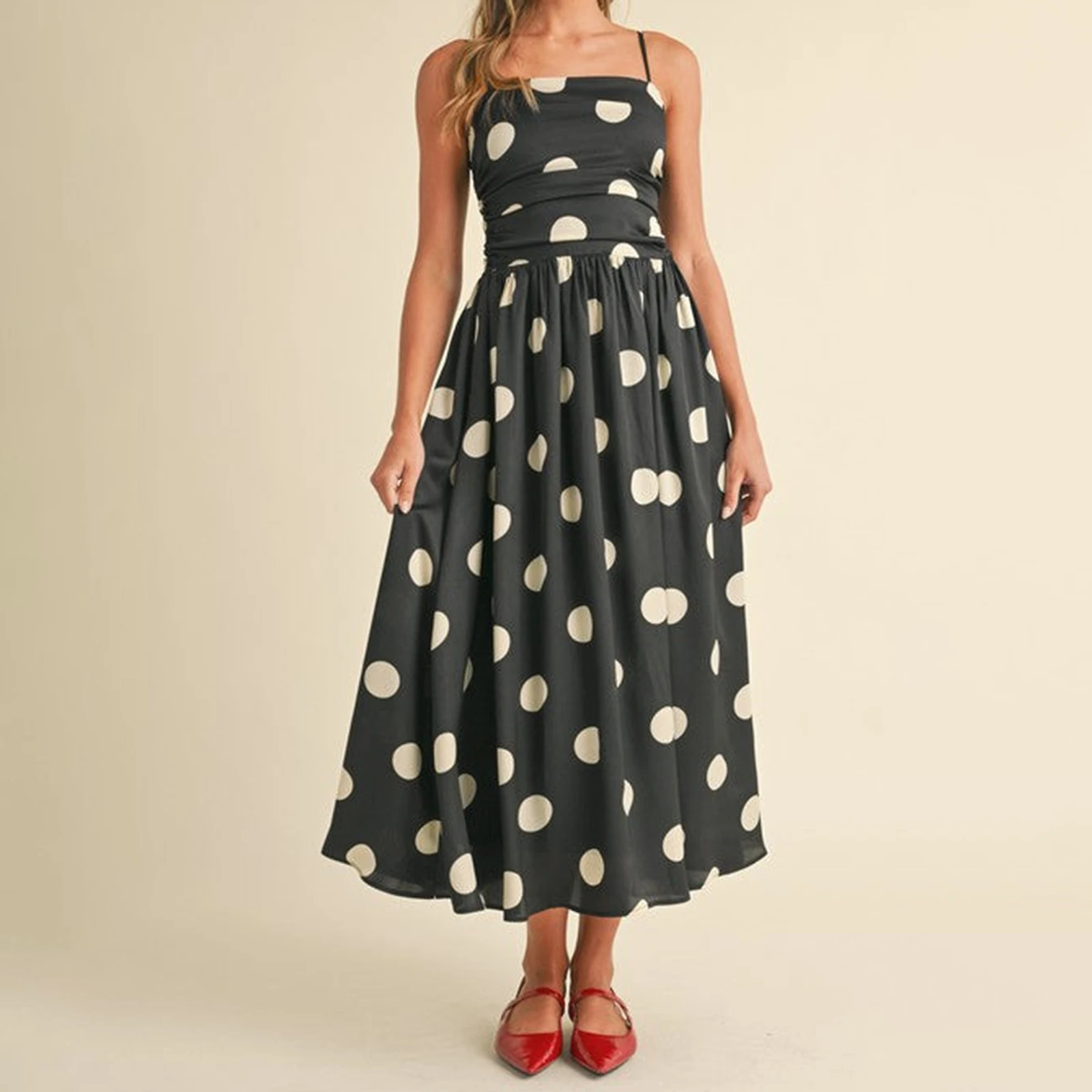 Vestido Midi acampanado con tirantes finos y cuello cuadrado fruncido para mujer, vestido camisola con estampado de puntos a la moda para viajes de fiesta diarios