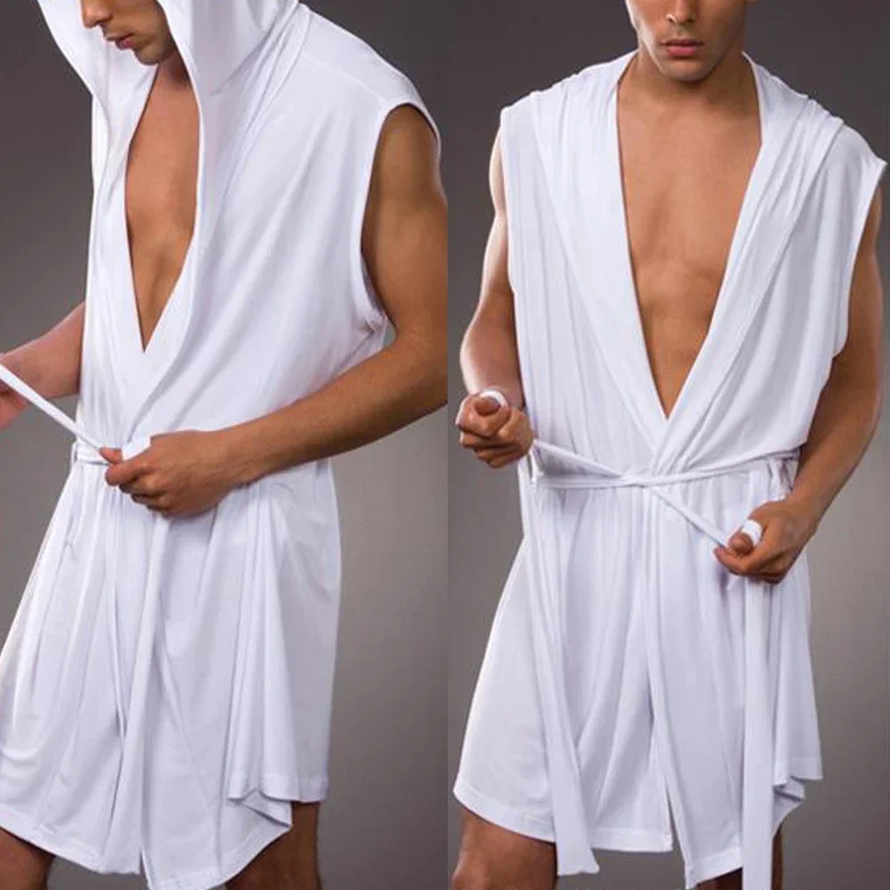 

Men's Home Bathrobe Sleeveless Silky Smooth Soft Hooded Sleeping Robe Pajama Comfortable Ultra-thin Lingerie Loose Bathing Suits