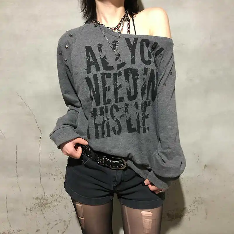 

Women Grey Letter Print Long Sleeve Sweatshirt 90s Aesthetic Vintage Streetwear Harajuku Oversize Sweatshirt Clothes Autumn 2025