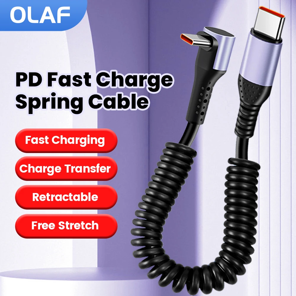 Olaf 20CM To 1M Spring Cable 66W Short Fast Charging Wire USB C TO USB C Cable For iPhone 15 Huawei Xiaomi Samsung Type C Cable