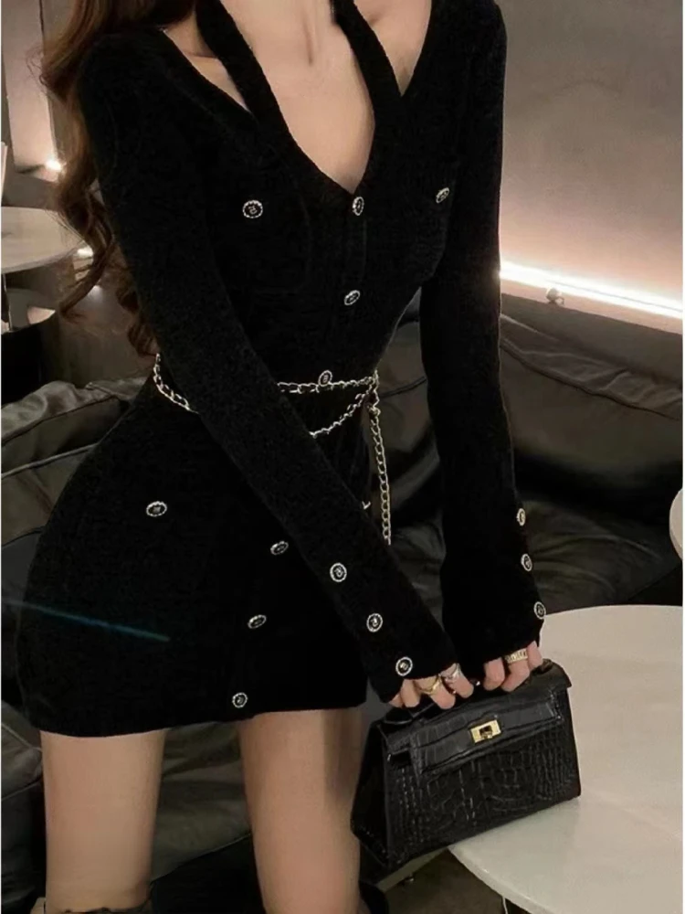 2023 Autumn Winter Y2K Black Knitted Dress Women Elegant Sexy Party Mini Dress Female Korean Fashion Slim Sweater Dress Chic