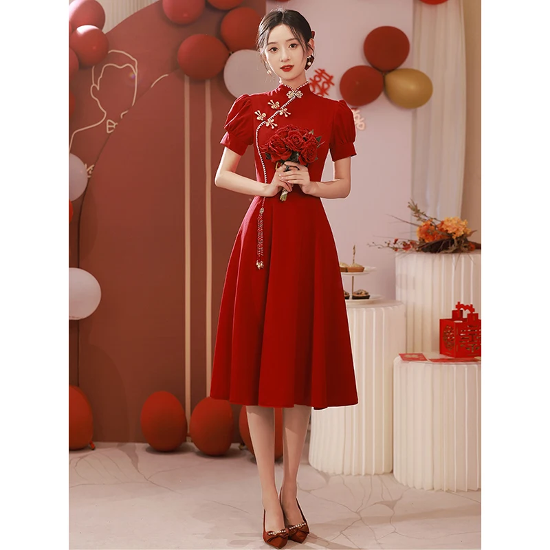 Cheongsam Toast Clothing Wine Red Chinese Style Wedding Dress Women Summer Small Mid-length Section Qipao Engagement Dress 2023